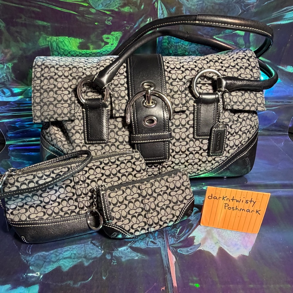 3pc VTG LRG Coach SoHo Navy Jacquard signature Leather/textile Satchel LIKE NEW - Picture 15 of 16